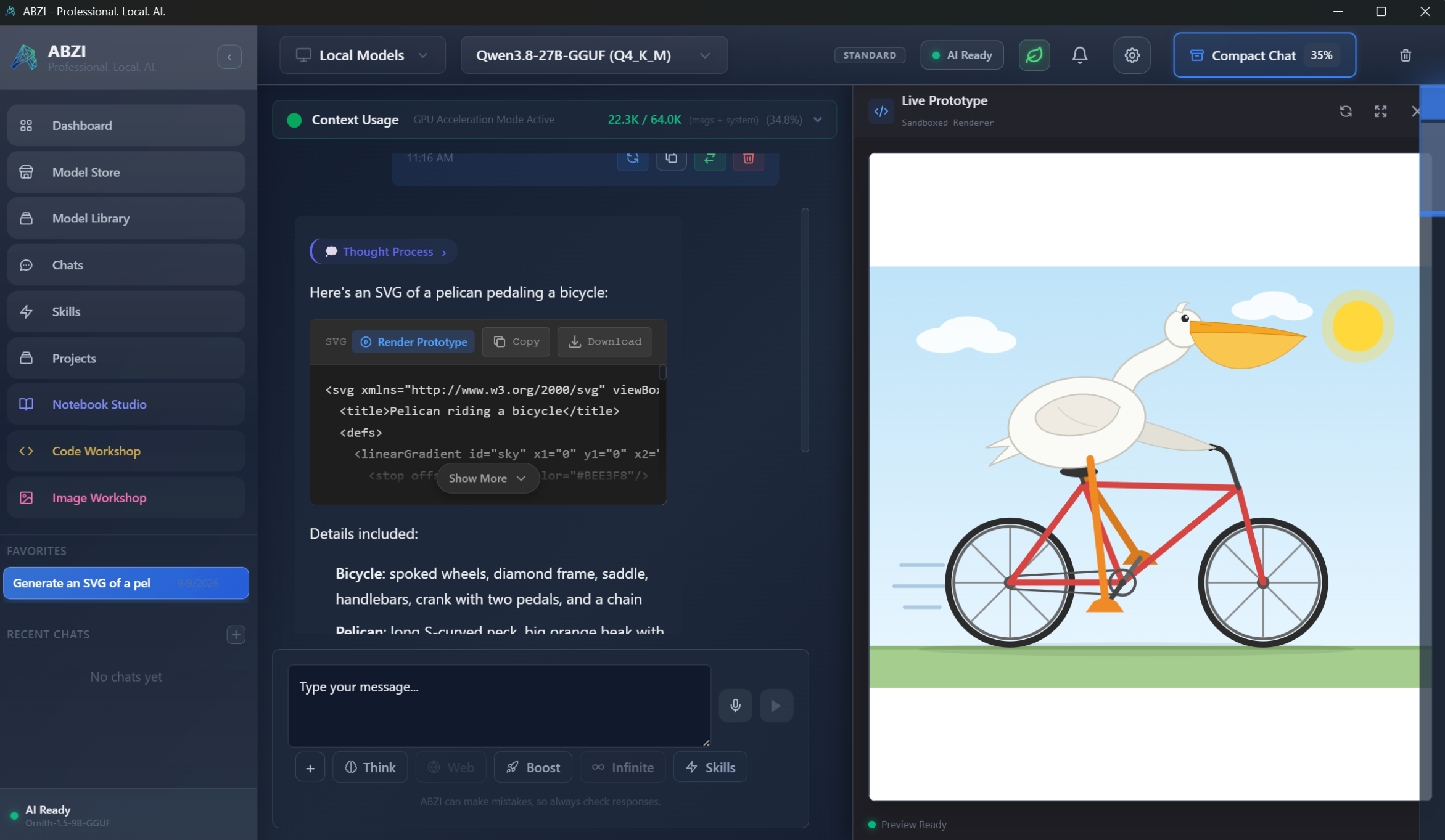 An ABZI chat generating code, with the live prototype renderer beside it